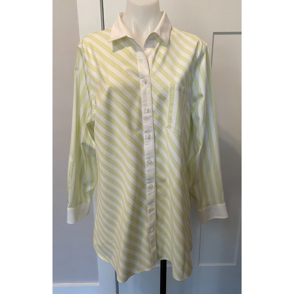 CHICOS Womens Button TOP Long Sleeve GREEN White STRIPE No Iron Size 3 (16)